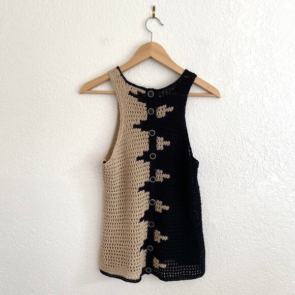 Lucky Brand Crochet Button-Back Tank Top Split Black Tan Boho Open Knit Medium - Picture 4 of 10
